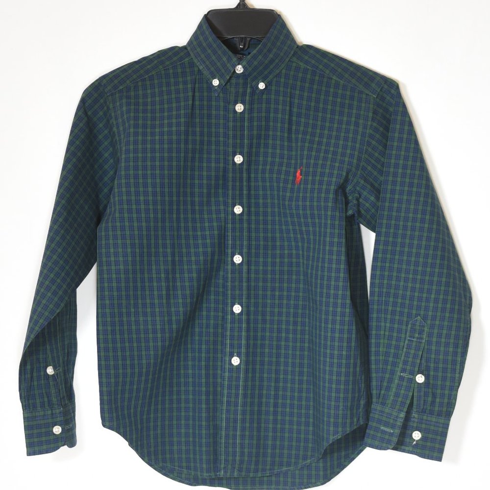 Ralph Lauren Dark Green & Blue Plaid Button-down Boys Shirt. Size 8/10